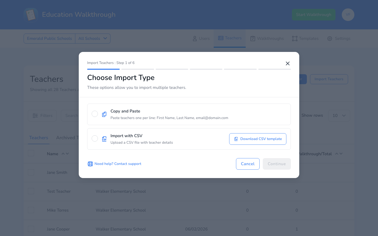 Import Teachers step 1, choosing between Copy and Paste and Import with CSV