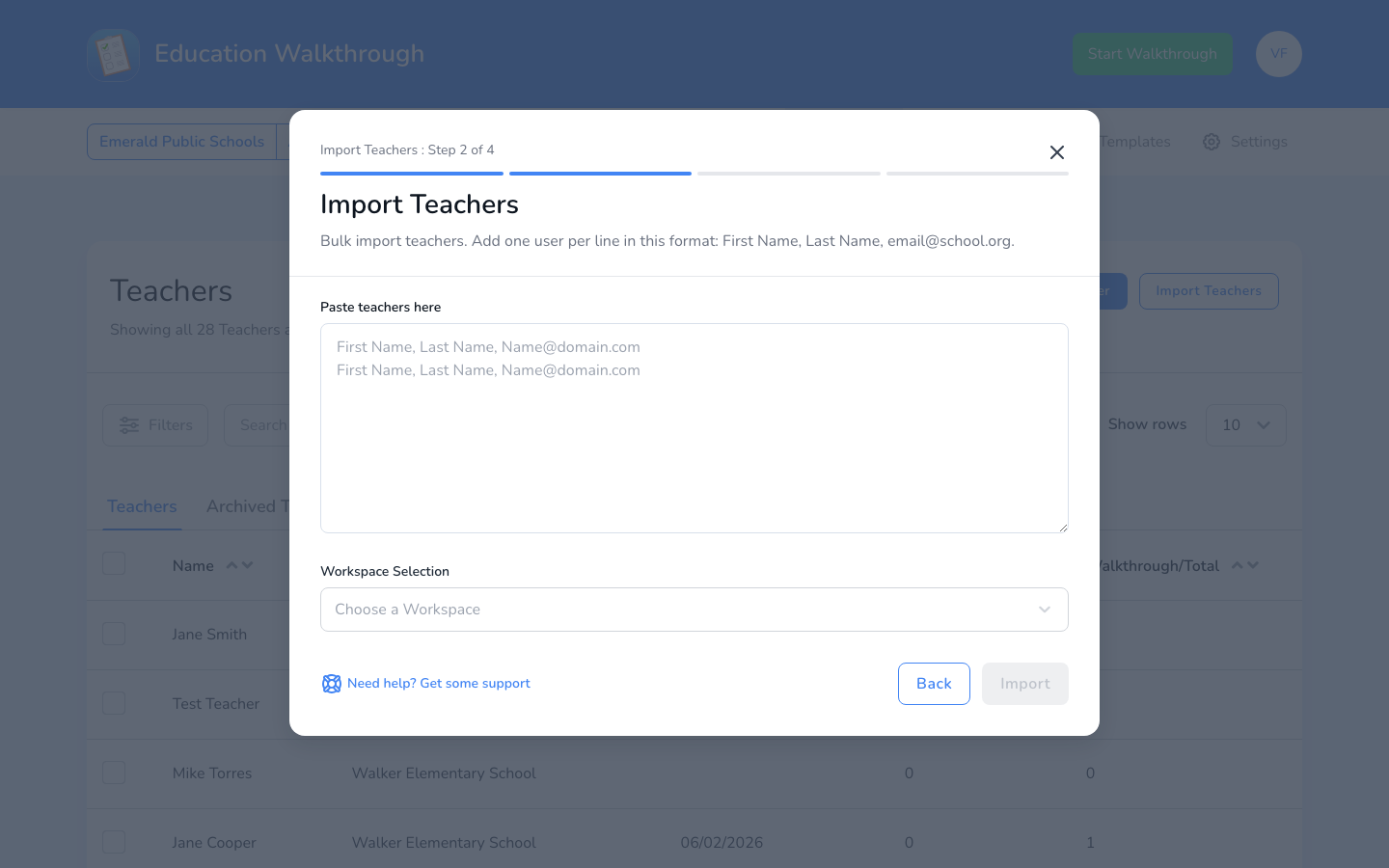 Copy and Paste import screen with the teacher list field and workspace selection