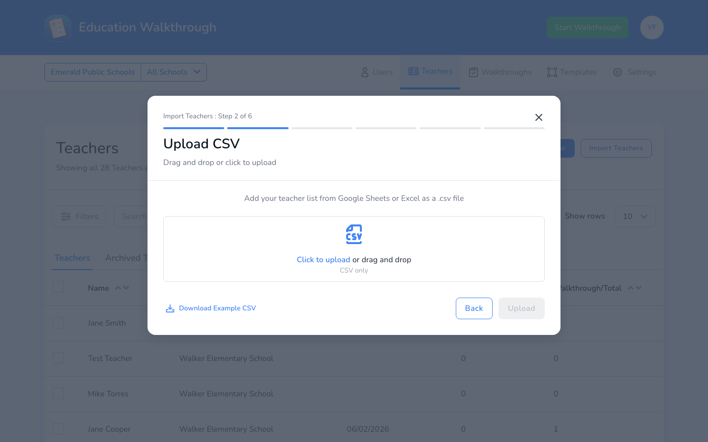 Upload CSV screen with drag and drop area and Download Example CSV link