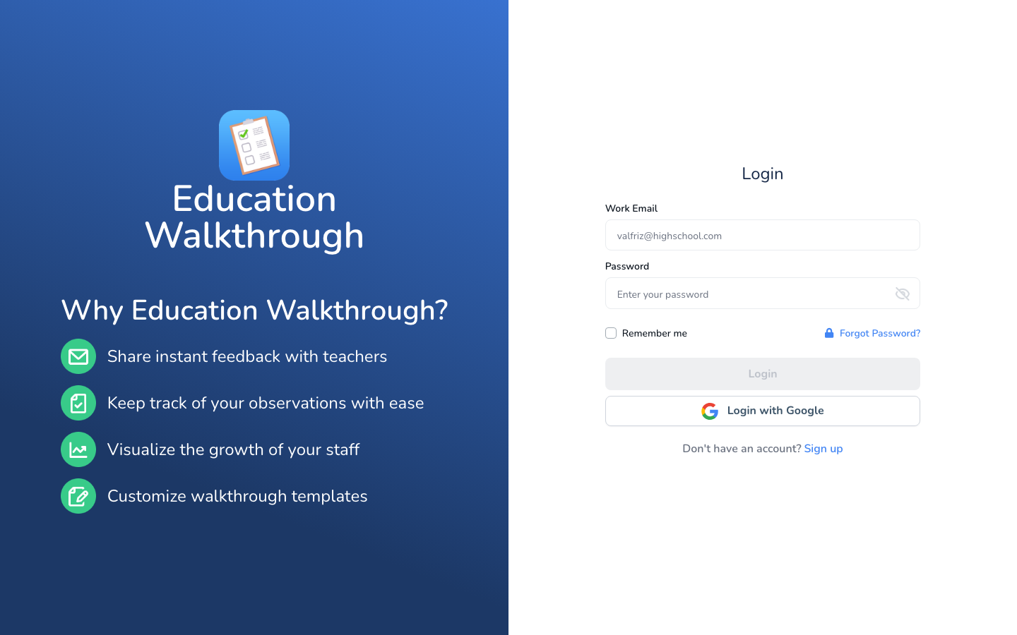 Education Walkthrough login page with Login with Google and Forgot Password options