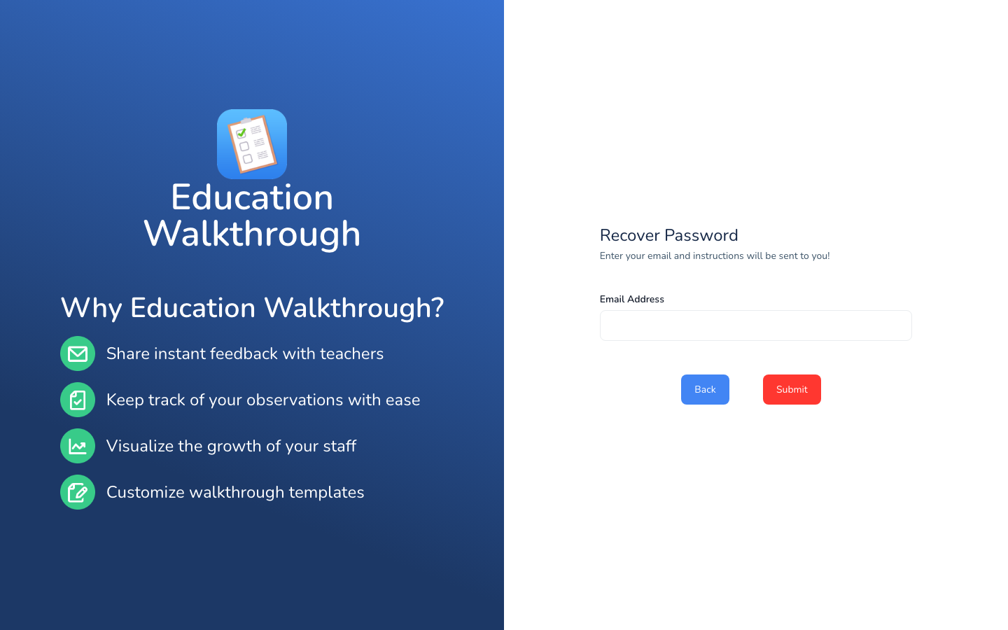 Recover Password screen where you enter your email address