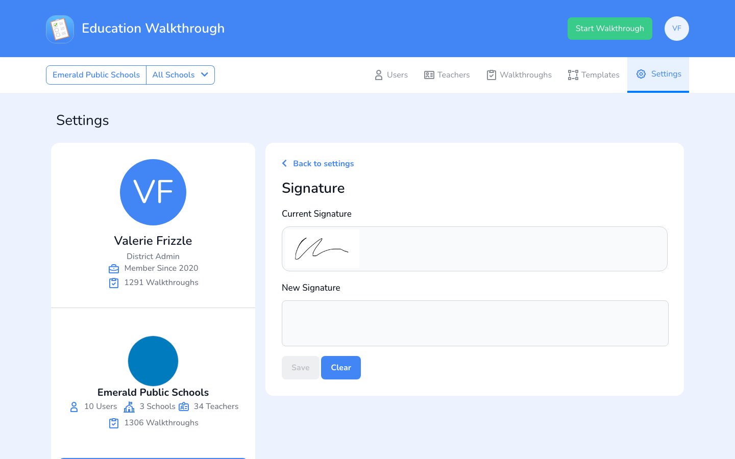 The Signature settings on the web dashboard with Current Signature, New Signature, Save and Clear