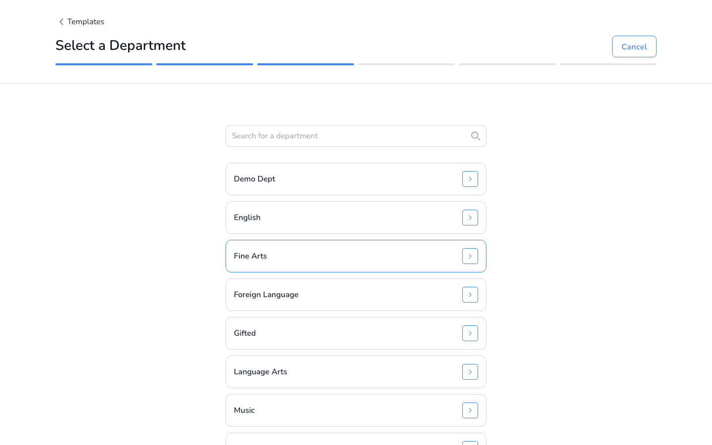 Select a Department step