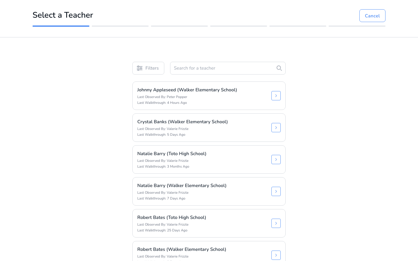 Select a Teacher step showing teacher cards with last observed information