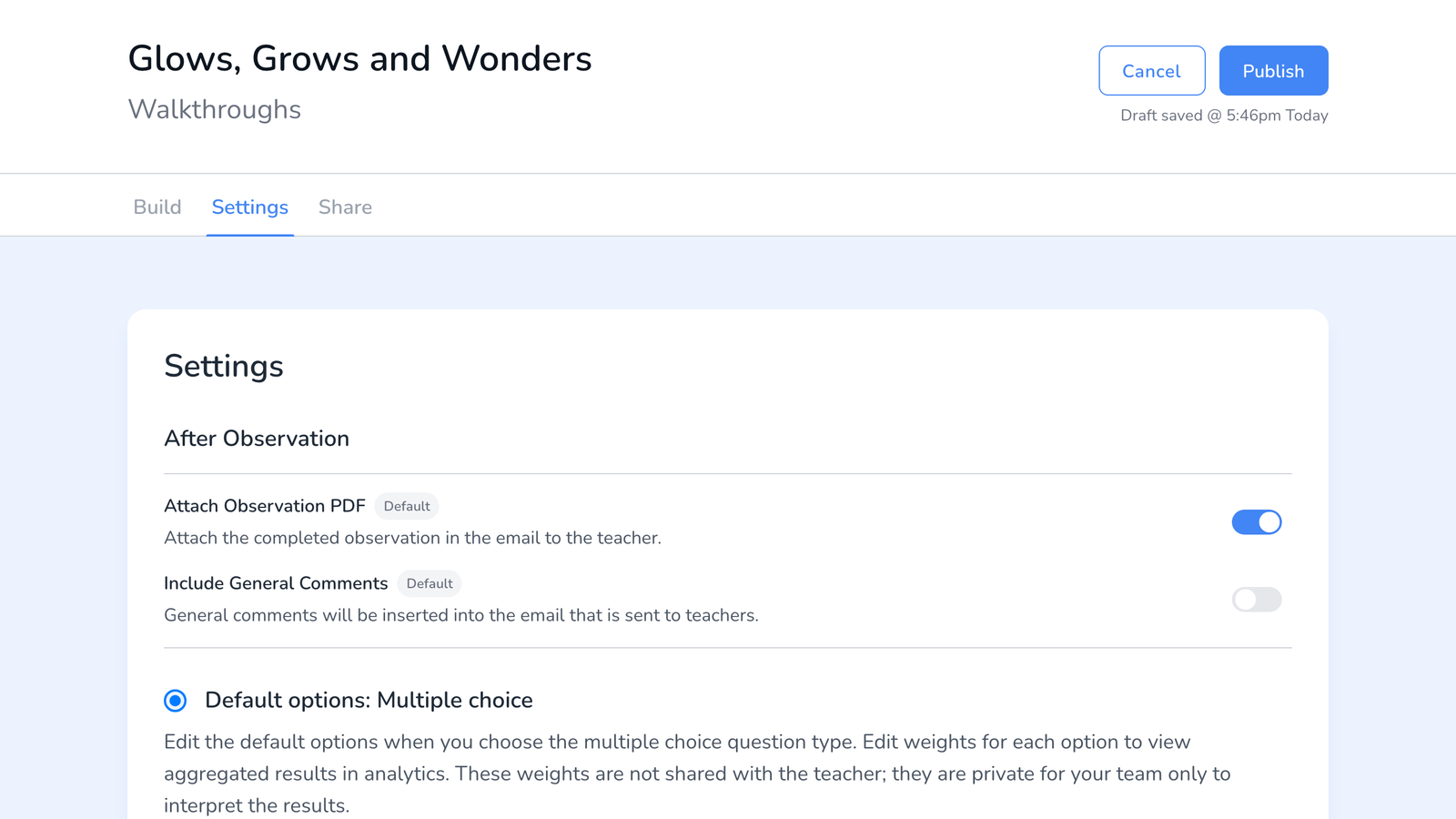 Template Builder Settings tab showing the After Observation section with Attach Observation PDF and Include General Comments toggles