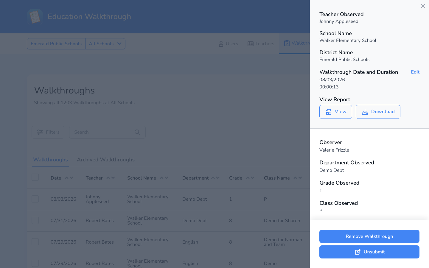 Walkthrough expanded view showing the Edit option next to Walkthrough Date and Duration