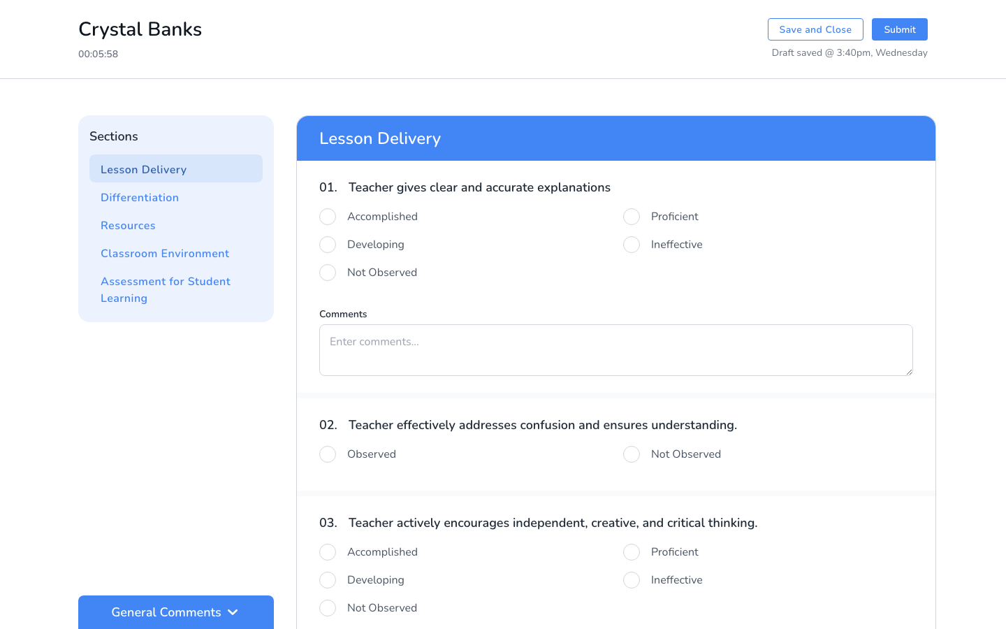 A walkthrough in progress showing sections, questions, ratings, and the timer