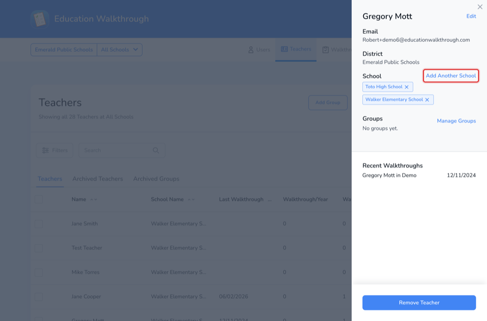 A shared teacher listing both of their schools, with Add Another School to add more.