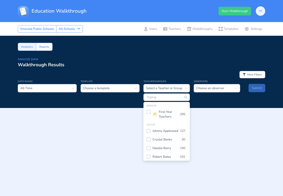 On Analyze Data, groups sit at the top of the Teachers/Groups filter, above the individual teachers.