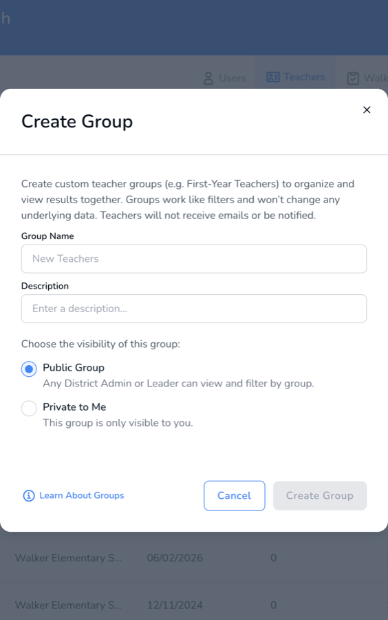 The Create Group modal, with Group Name, Description and the two visibility options.