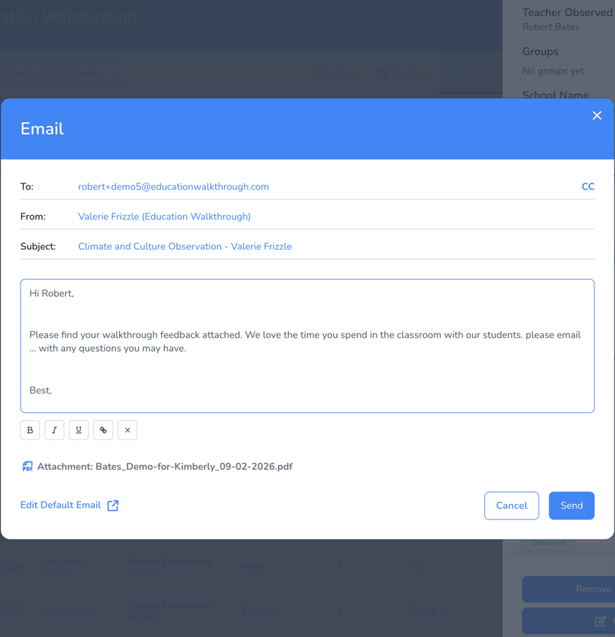 The email window, with the recipient, subject, your message and the observation PDF attached.