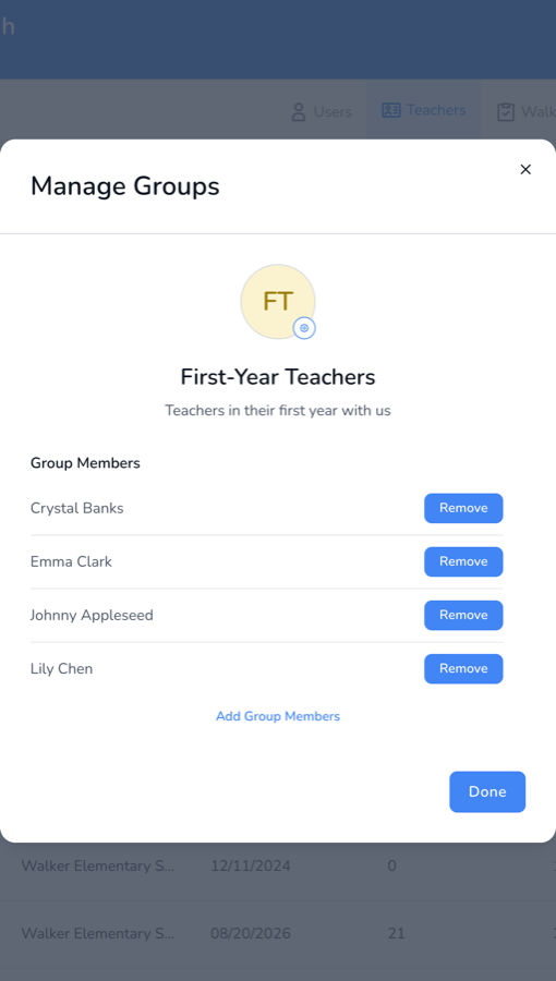 A group with four members. Add Group Members adds more, Remove takes someone out.