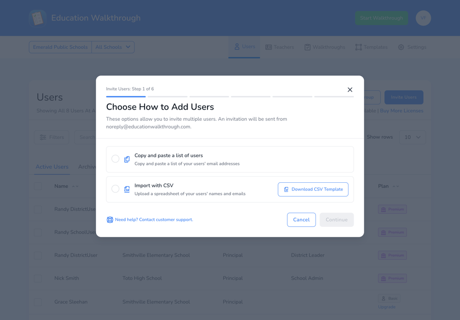 Step 1 of the invite flow, choose between pasting a list or importing a CSV.