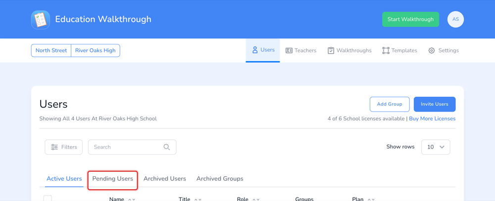 The Pending Users tab sits beside Active Users on the Users page.