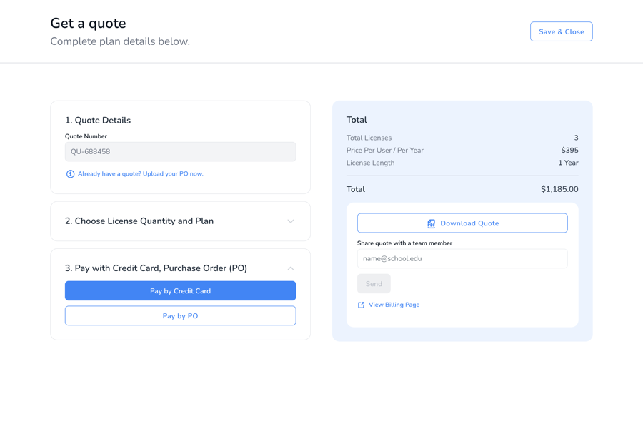 On the quote, choose Pay by PO instead of Pay by Credit Card.