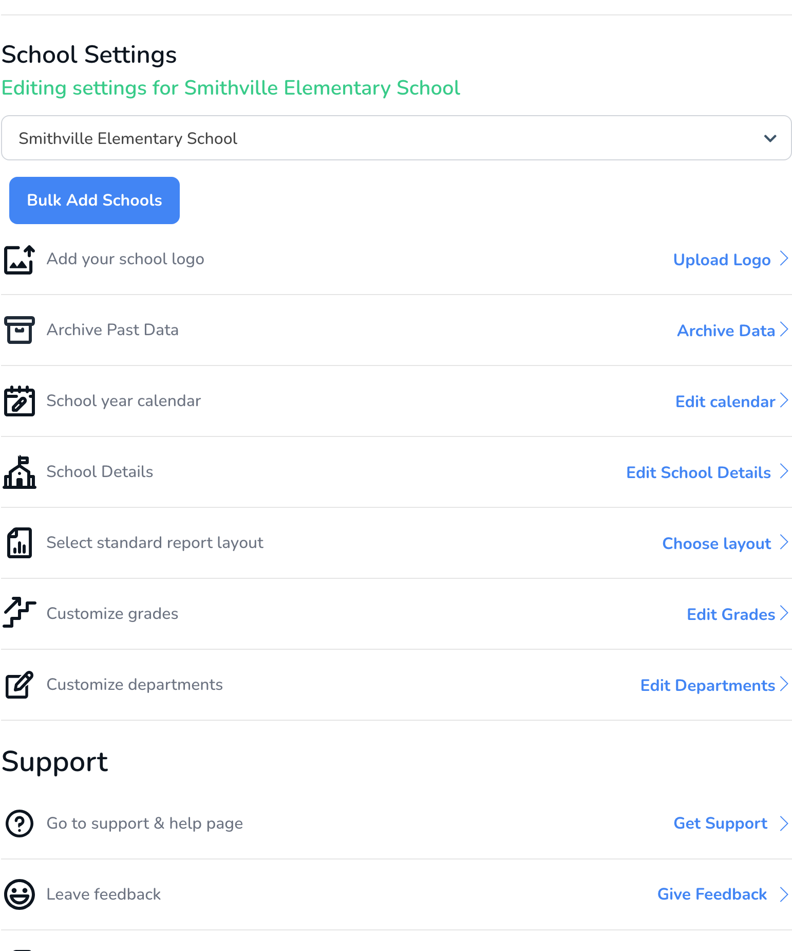 School Settings after choosing a school, with Add your school logo and Select standard report layout rows.