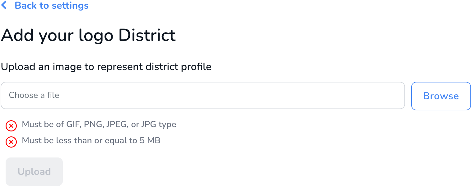The Add your logo page with a file picker, format and size checks, and an Upload button.