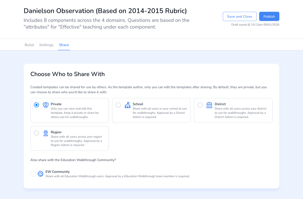 The Share tab in the Template Builder, where you choose who a template is shared with.