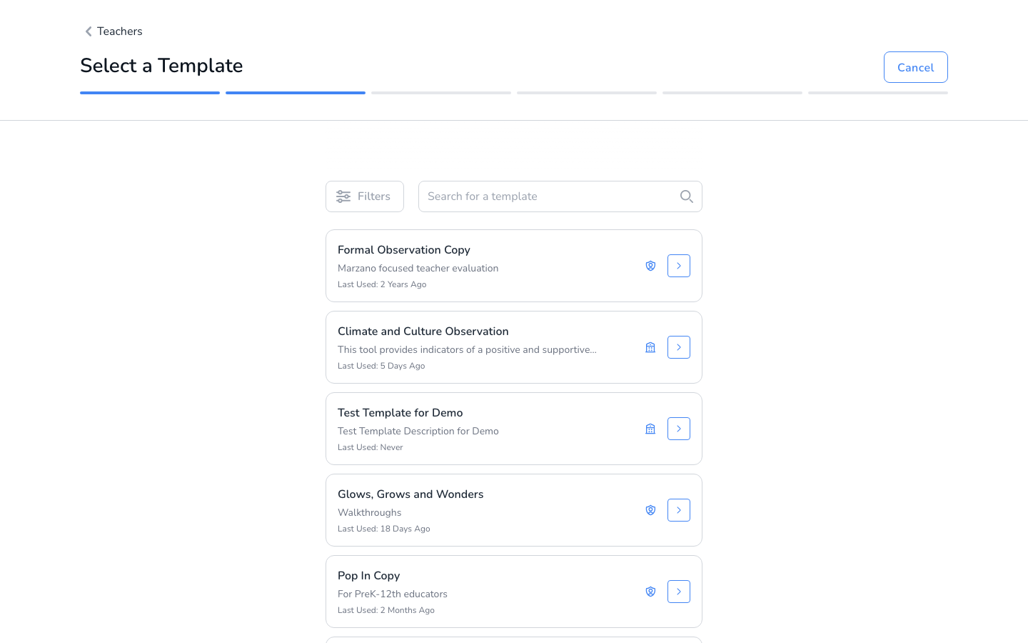 The Select a Template step of Start Walkthrough, listing published templates to choose from.