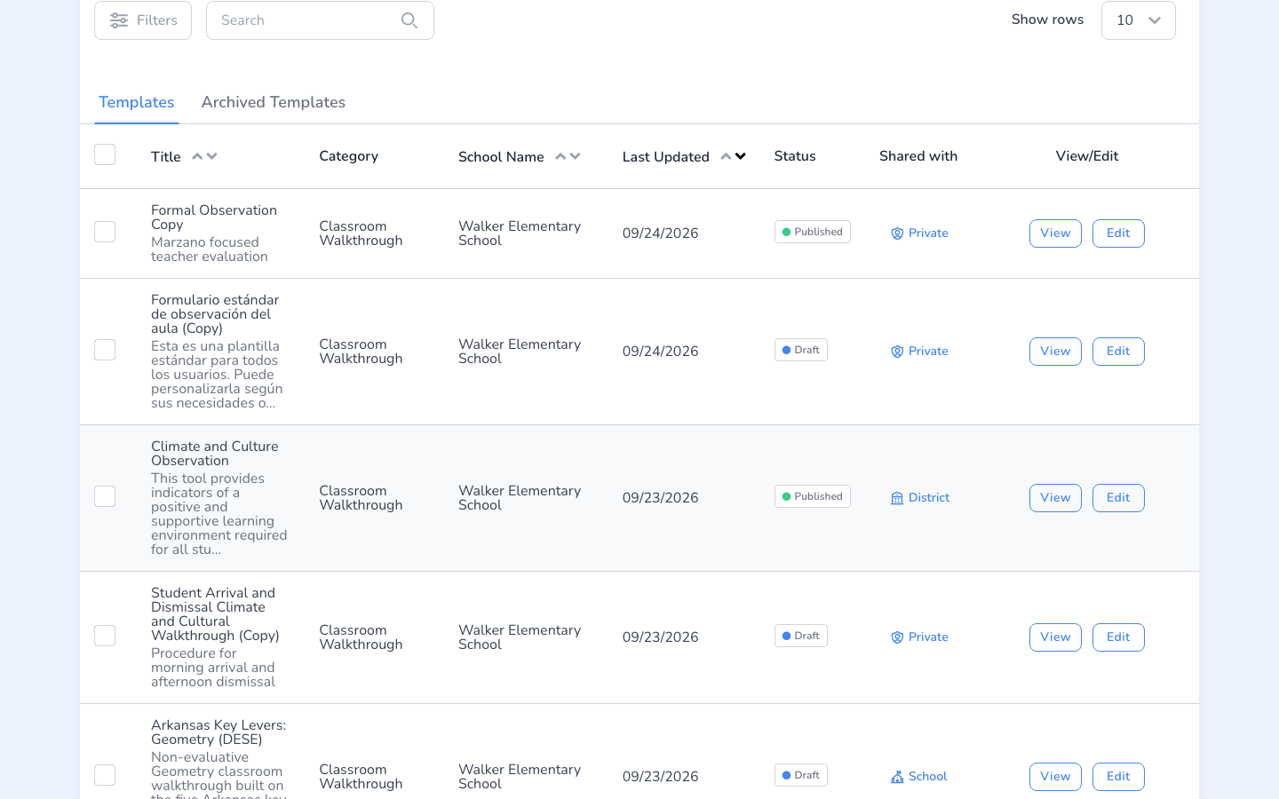 The Templates list, with a Status column showing Published and Draft badges and a Shared with column showing Private, District, and School.