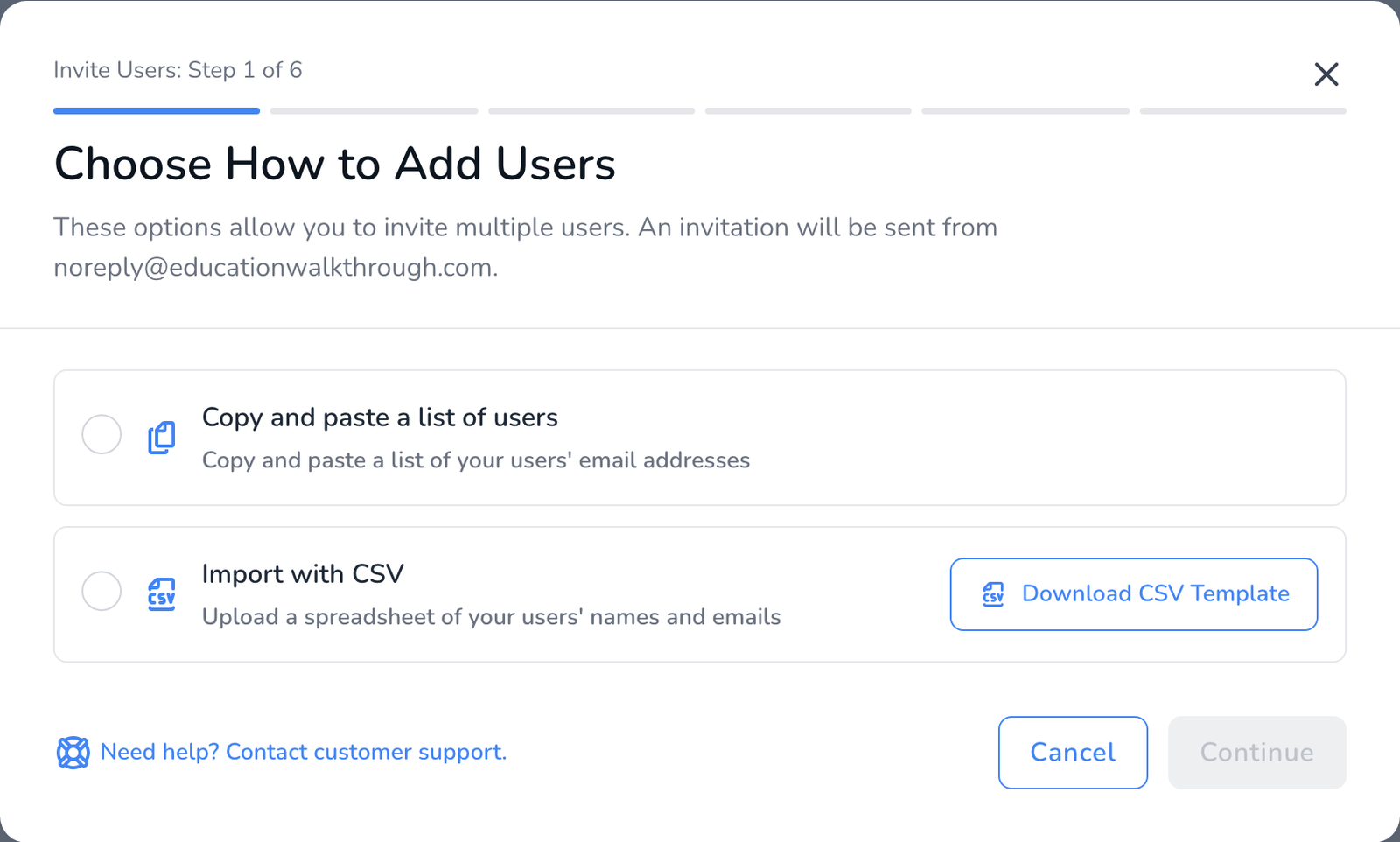 The Invite Users window, step 1 of 6: Choose How to Add Users, with Copy and paste a list of users or Import with CSV and a Download CSV Template button.