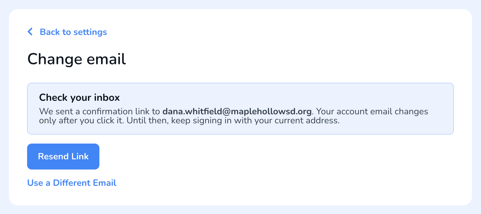 The Check your inbox panel after sending the link, with Resend Link and Use a Different Email options.