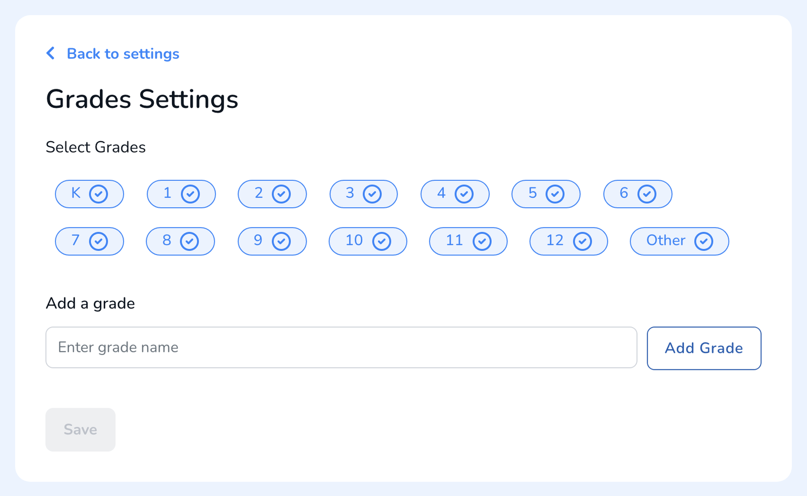 The Grades Settings panel with selectable grade chips and an Add a grade box.