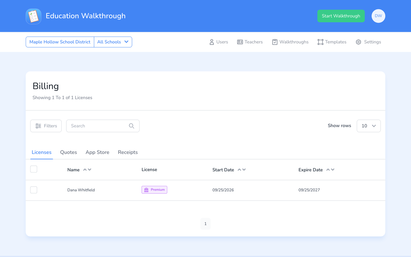 The Billing page with Licenses, Quotes, App Store, and Receipts tabs, showing one Premium license with start and expiry dates.